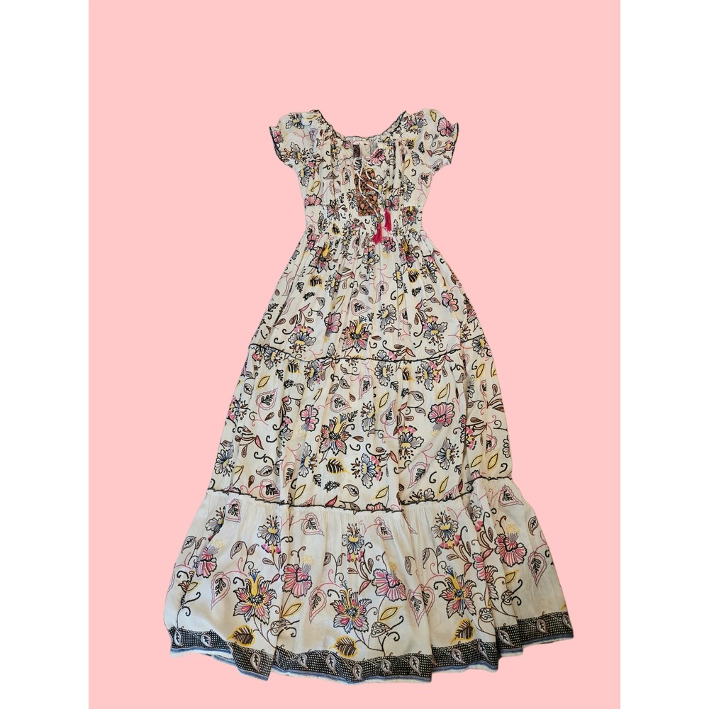 Me 2 Magic NWT Boho Floral Paisley Tiered Maxi Dress Smocked Waist Tassel size M